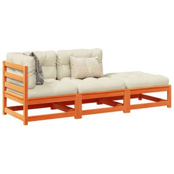 Conjunto De Sofás Jardín 3 Uds | Mueble Jardin Mesa Y Sillas Con Cojines Madera Pino Marrón Cera Cfw307833