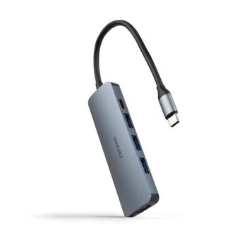 Hub USB-C Nanocable 10.16.4605 3xUSB-A 3.0 1xHDMI 4K 1xUSB-C PD 100W Gris Aluminio 18cm