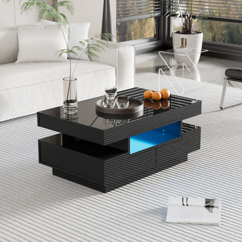 Mesa De Centro Negra Con Luz Led, Alto Brillo, 80 X 50 X 36 Cm Y Cuatro Cajones