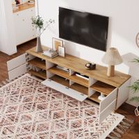 mueble tv bajo con puertas y estantes 175 cm patas de madera blanco