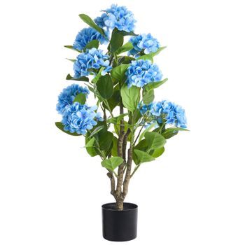 Planta Artificial En Maceta Con Flores Decoración Moderna De Plástico Para Interiores Hecha A Mano 90 Cm Azul Hortensium