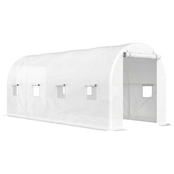 Outsunny Invernadero de Túnel 500x200x205 cm Invernadero de Jardín con Puerta Enrollable y 8 Ventanas Cubierta PE 140 g/m² Blanco