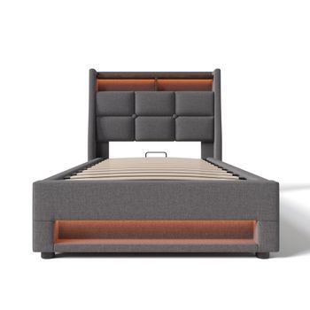 Cama Con Almacenaje De Lino 90x200cm Con Led Y Puertos Usb Somier De Láminas Gris