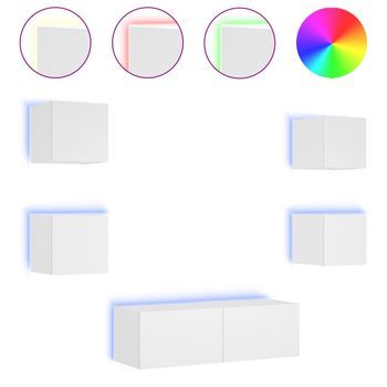 5 Uds Muebles Tv De Pared | Mueble De Salón | Armario Tv Con Luces Led Blanco