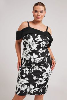 Yours London Vestido Bardot Blanco Y Negro De Flores, Mujer Curvy Y Tallas Grandes, Yours London