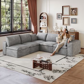 Sofá Modular De 5 Plazas - Mueble Para Salón - Pana Y Espuma - Gris Oscuro (260x250x60cm)