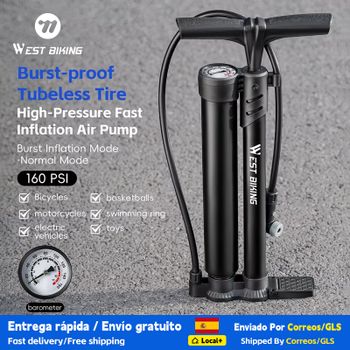 Bomba de Bicicleta WEST BIKING 160PSI, Portátil, Doble Tubo, Inflado Rápido con Manómetro, Bomba de Neumáticos para Bicicleta de Carretera y MTB, Inflador de Aire para Motocicleta