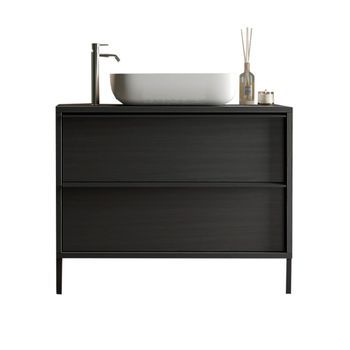 Mueble De Baño Con Lavabo Y 2 Cajones, Colección Frassi. Color Negro Ceniza.