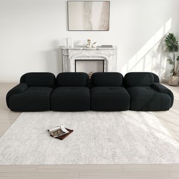 Sofá De 4 Plazas De Pana Negro, Sofá Modular Esquinero Sin Estructura, 388x103x70 Cm