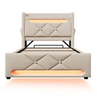 cama 90x200 cm con colchon cabecero usb y usb-c led 360 cabecero y pie baul hidraulico bolsillos laterales beige lino