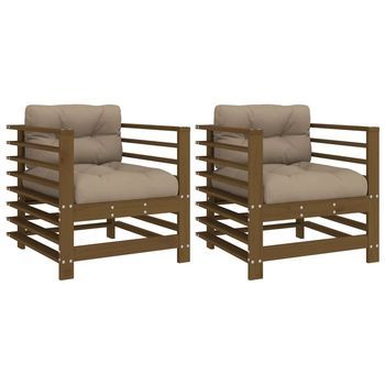 Pack 2 Uds Sillones De Jardín | Silla De Jardín | Silla De Exterior Cojines Madera Maciza Pino Marrón Miel
