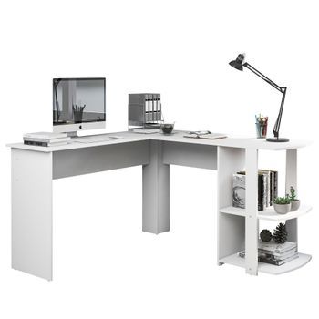 Escritorio Esquinero En L 140x140cm Con 2 Estantes Madera Mdf Blanco