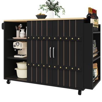 Isla De Cocina Negra Con Ruedas, Encimera Plegable Y Puertas Correderas, 3 Cajones, 110x42x90 Cm, Madera Mdf, Color Negro