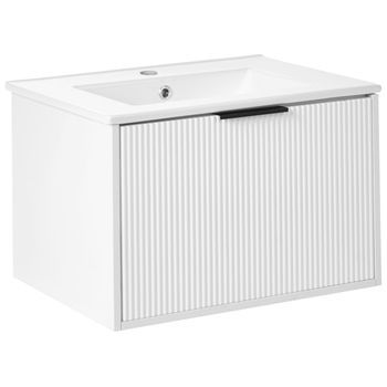 Mueble De Baño Suspendido Con Lavabo De Madera Sintética Almacenaje 60 Cm Blanco Con Tirador Negro Tilcara