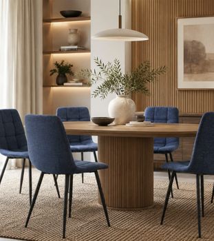 Pack de 4 sillas de comedor en tela azul y patas metal negro