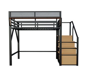 Cama alta 140x200 - con escalera de seguridad y compartimento de almacenamiento flexible - negra
