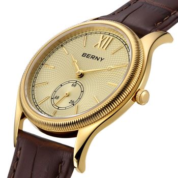 Relojes de lujo BERNY para hombre, elegancia clásica, reloj de cuarzo dorado delgado para hombre, correa de cuero, reloj de pulsera de negocios a la moda