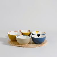set de 5 cuencos para aperitivos de gres con bandeja de madera de hevea
