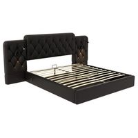 cama tapizada 160x200 cm - cabecero largo varios puertos usb lampara de escritorio sistema hidraulico gran espacio de almacenamiento - negro pu