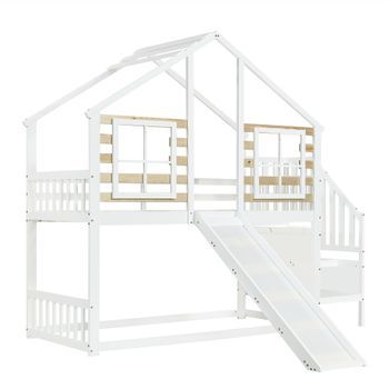 Litera Infantil Con Tobogán Y Ventana, 90x200 Cm, Estructura Blanca De Madera