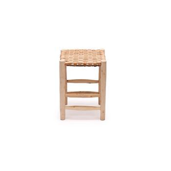 Taburete De Madera Natural Y Cuero, Étnico, Artesanal 40x35x35cm