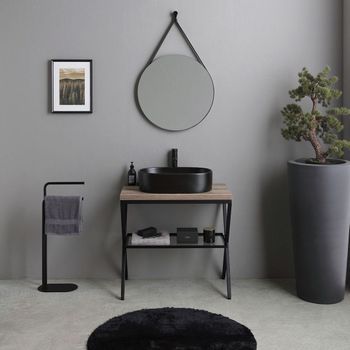 Mueble De Baño De Suelo De 80cm Con Espejo Redondo Y Lavabo Negro