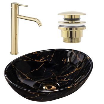 Lavabo Sobre Encimera Rea Sofia Black Marble Black + Grifo De Baño Lungo High Gold + Tapón Gold