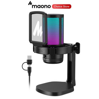 Micrófono para Juegos MAONO DGM20 RGB, Micrófono de Condensador USB con Software de Reducción de Ruido, Ganancia Ajustable y Silenciador de un Toque para Juegos y Transmisión en Vivo