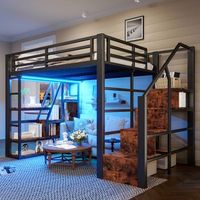 cama alta de 140 x 200 cm con estantes compartimentos y escalera - metal  mdf - luces led - negra colchon no incluido