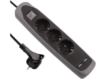 Regleta - Electraline 62150, 3 Tomas, 2 Puertos USB, Cable m, Base de silicona, Negro
