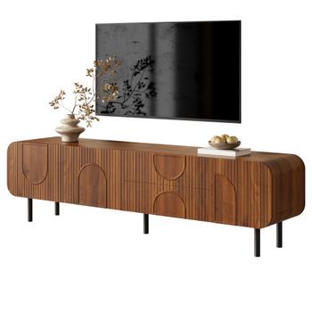 Mueble De Tv 180 Cm Estilo Mid-century Con 3 Puertas Y 2 Cajones, Mdf Y Metal, Color Nogal