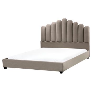 Cama Con Somier De Terciopelo Cabecero De Concha Marina Gris Pardo 160 X 200 Cm Vincennes