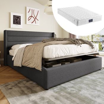 Cama De Almacenamiento Doble Tapizada Hidráulica 160x200 Cm Con Colchón Y Somier De Lamas De Madera Y Metal, Lino Gris