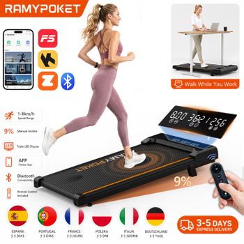 RAMYPOKET Caminadora Electrica Para Casa con Inclinación 9%,1-8km/h, Control Mediante Aplicación y Pantalla LED de Tres Ventanas, 2.5HP,  Máxima120kg, Cinta de Correr Bajo Escritorio