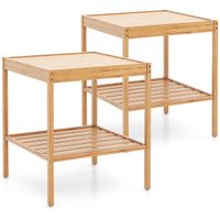 costway juego de 2 mesitas de noche de bambu de 2 niveles mesa auxiliar con estante compacta para salon dormitorio 40 x 40 x 45 cm natural