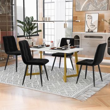 Conjunto De Mesa Y 4 Sillas - Comedor - Mdf Y Terciopelo - Negro Y Dorado (117cm)