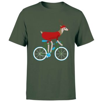 Biking Reindeer Men's Christmas T-Shirt - Forest Green - L
