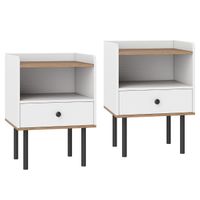 costway juego de 2 mesitas de noche con cajon y estante abierto patas de metal mesa auxiliar compacta para salon o dormitorio blanco