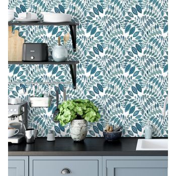 Papel Pintado Vinílico Ecológico Nórdico De Hojas Azules Y Turquesas - Sandy Springs 679436 De Gaulan - Rollo De 10 M X 0,53 M
