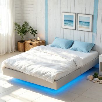 Estructura De Cama Doble 140 X 190 Cm, Tapizada En Beige Y Con Iluminación Multicolor