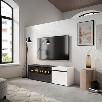 Mueble tv efecto madera blanco y negro 150x35x45 chimenea efecto fuego