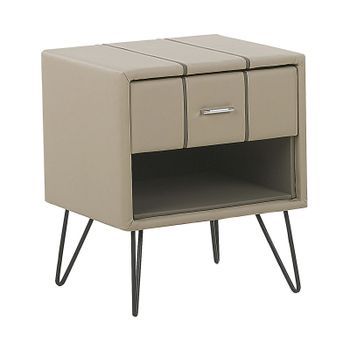 Mesita De Noche Tapizada En Piel Sintética Beige Con Patas De Horquilla 48 X 41 X 56 Cm 1 Cajón Betin