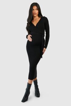 Vestido Premamá Midi Cruzado De Punto, Negro