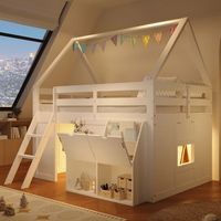 cama alta infantil 140 x 200 cm forma de casa escalera e iluminacion led