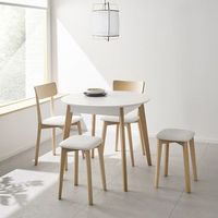 mesa redonda extensible blanca con patas de madera de haya 90 - 135 cm ancho x 77 cm alto x 90 cm fondo