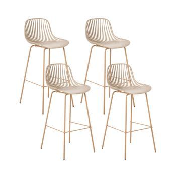 Conjunto De 4 Sillas De Bar Resistentes Material Sintético Poliéster Madera Transprint Patas De Hierro Beige Kleve