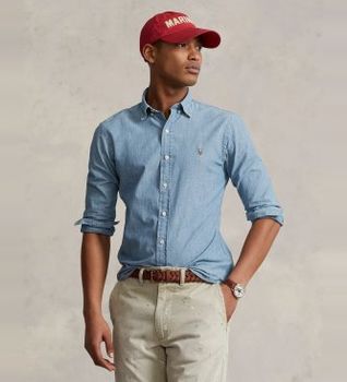 Polo Ralph Lauren para hombre. 710548538001 Camisa de cambray Slim Fit azul (XS), Casual, Algodón, Denim, Manga larga