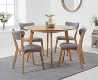 sacha 110cm round dining table with sacha grey and oak cushion seat chairs - oak and grey 2 chairs