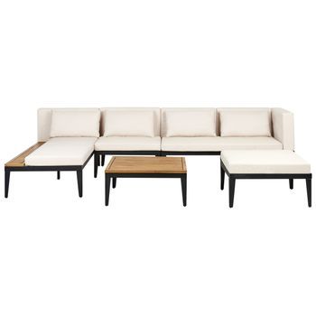 Conjunto De Jardín 4 Plazas De Madera De Acacia Certificada Sofá Esquinero Con Mesa De Centro Y Otomana Cojines Beige Claro Derecho Bracciano