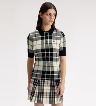 Fred Perry para mujer. K3157 Polo de punto de tartán en bouclé blanco, negro (34), Casual, Algodón, Manga corta